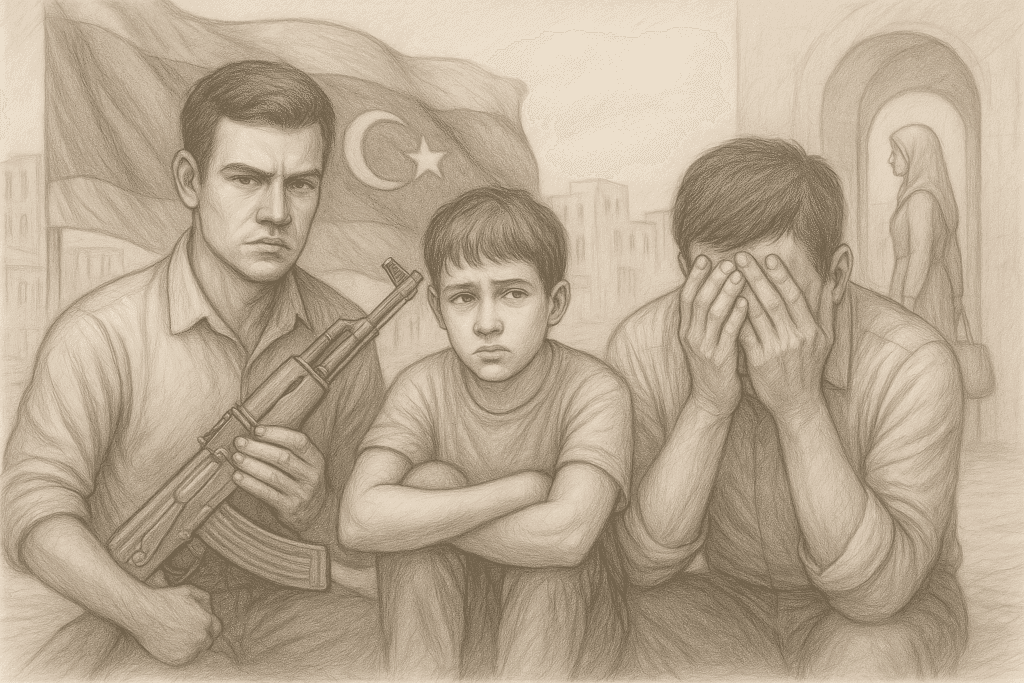 رسم رمزي بقلم الرصاص يجسّد معاناة الشباب الليبي بين خيار الهجرة عبر البحر والانخراط في الصراع المسلح