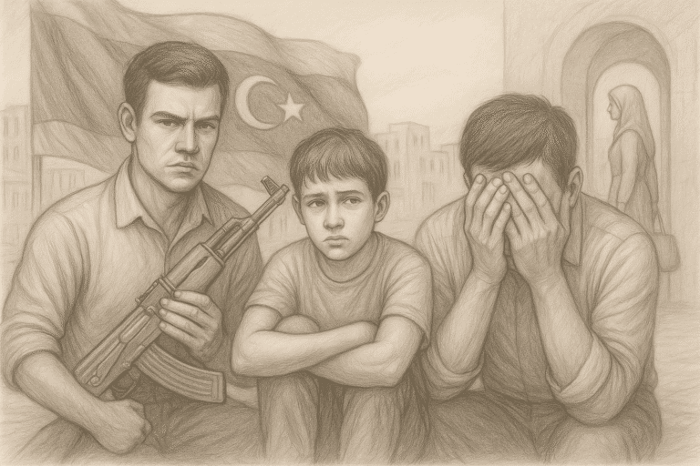 رسم رمزي بقلم الرصاص يجسّد معاناة الشباب الليبي بين خيار الهجرة عبر البحر والانخراط في الصراع المسلح