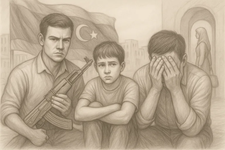 رسم رمزي بقلم الرصاص يجسّد معاناة الشباب الليبي بين خيار الهجرة عبر البحر والانخراط في الصراع المسلح