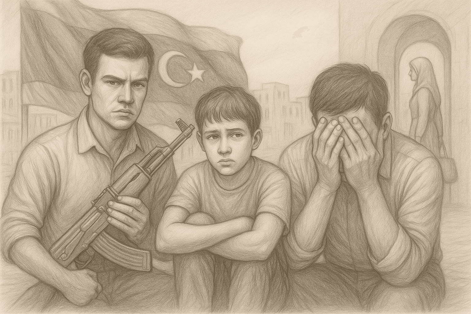 رسم رمزي بقلم الرصاص يجسّد معاناة الشباب الليبي بين خيار الهجرة عبر البحر والانخراط في الصراع المسلح