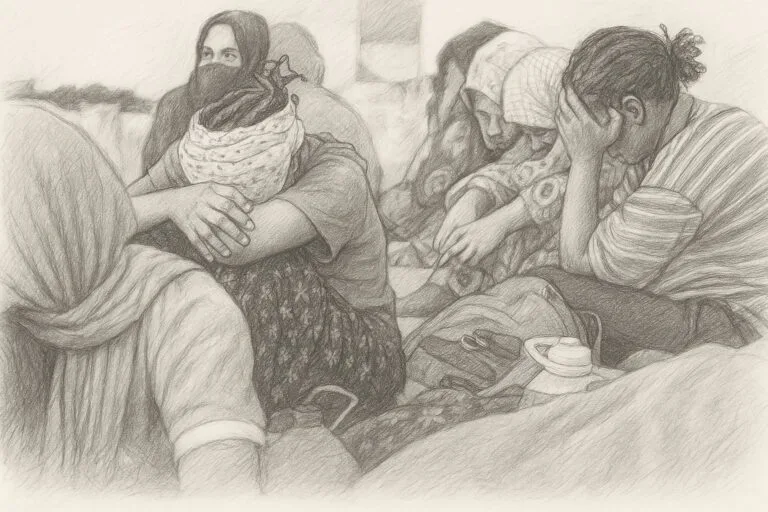 نساء ناجيات من الاتجار بالبشر محتجزات في مركز قنفودة بمدينة بنغازي، رسم رمزي بقلم الرصاص.