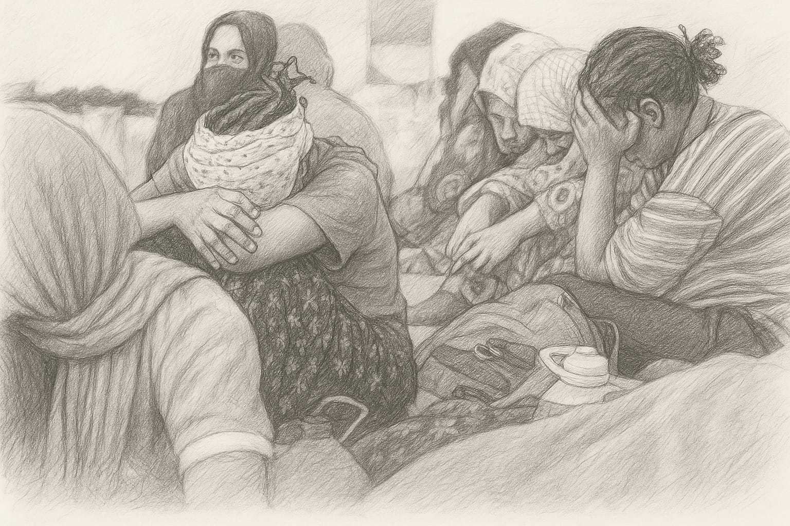 نساء ناجيات من الاتجار بالبشر محتجزات في مركز قنفودة بمدينة بنغازي، رسم رمزي بقلم الرصاص.