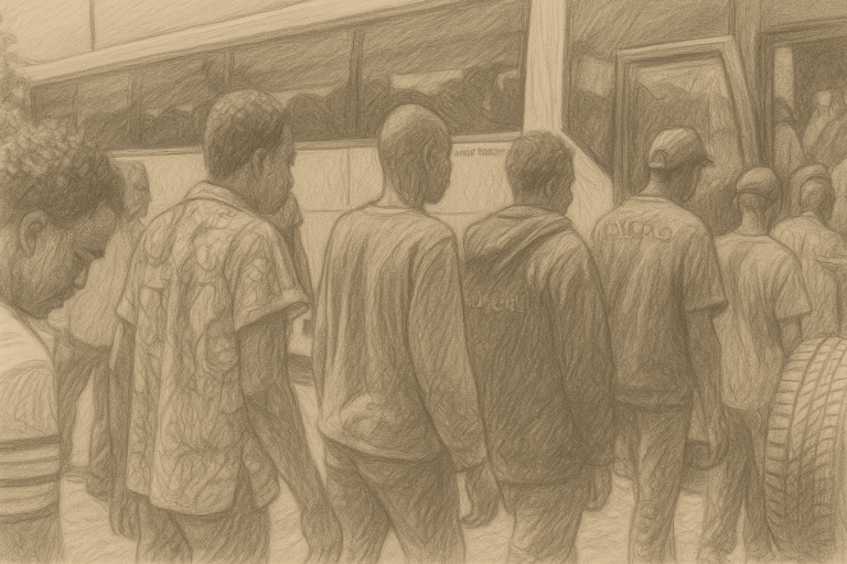 صورة حقيقية تُظهر مجموعة من المهاجرين الأفارقة أثناء صعودهم إلى حافلة على الحدود الليبية – مشهد يعكس أحد فصول القصة الإنسانية «رحلة الشتاء والصيف» التي توثق معاناة المهاجرين والناجين من الغرق والاتجار بالبشر.