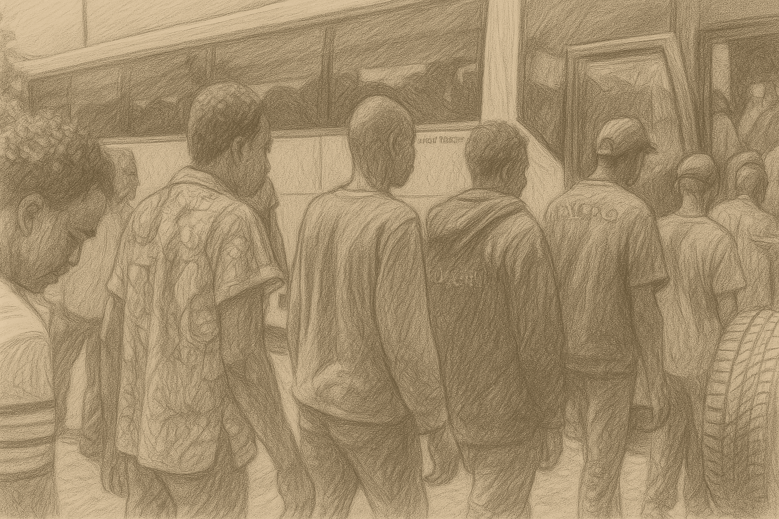 صورة حقيقية تُظهر مجموعة من المهاجرين الأفارقة أثناء صعودهم إلى حافلة على الحدود الليبية – مشهد يعكس أحد فصول القصة الإنسانية «رحلة الشتاء والصيف» التي توثق معاناة المهاجرين والناجين من الغرق والاتجار بالبشر.