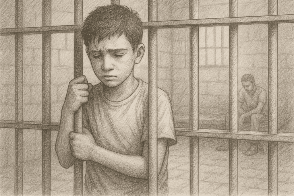 أطفال مصريون محتجزون داخل مركز احتجاز في ليبيا – رسم رمزي يعكس معاناة القُصّر في الهجرة غير النظامية