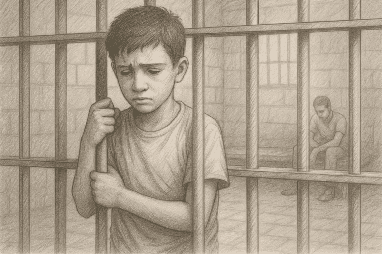 أطفال مصريون محتجزون داخل مركز احتجاز في ليبيا – رسم رمزي يعكس معاناة القُصّر في الهجرة غير النظامية
