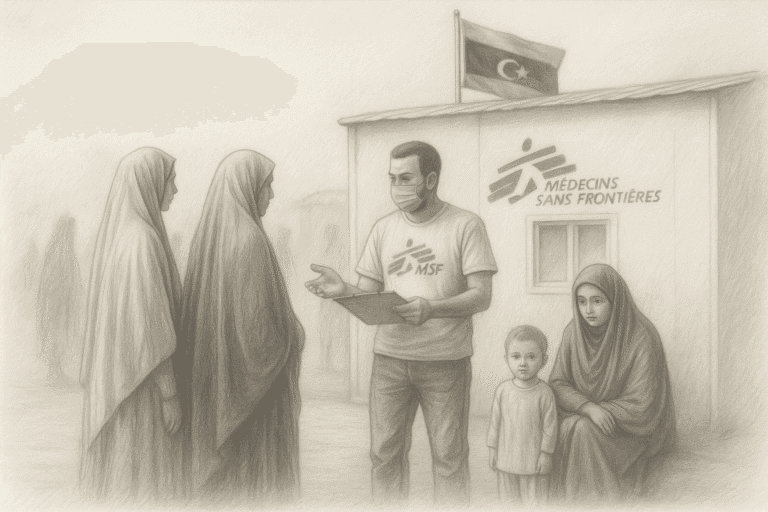 طبيب ميداني من منظمة أطباء بلا حدود يقدم الرعاية لنساء وأطفال في ليبيا أمام مركز طبي يحمل العلم الليبي، بأسلوب واقعي مرسوم بقلم الرصاص.