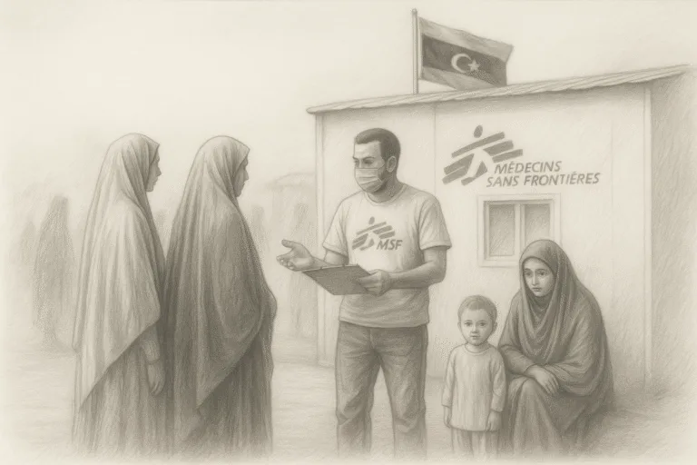 طبيب ميداني من منظمة أطباء بلا حدود يقدم الرعاية لنساء وأطفال في ليبيا أمام مركز طبي يحمل العلم الليبي، بأسلوب واقعي مرسوم بقلم الرصاص.