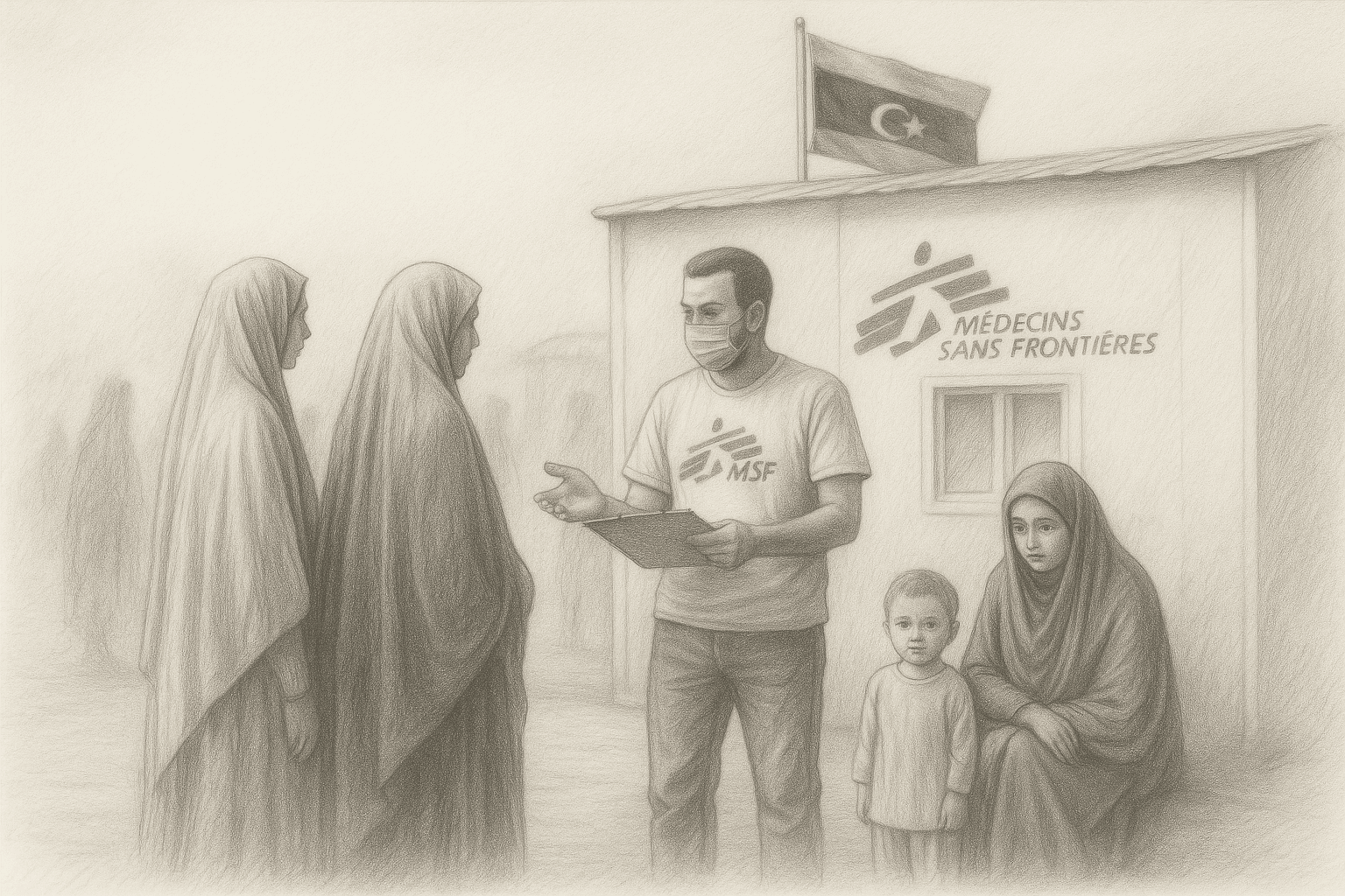 طبيب ميداني من منظمة أطباء بلا حدود يقدم الرعاية لنساء وأطفال في ليبيا أمام مركز طبي يحمل العلم الليبي، بأسلوب واقعي مرسوم بقلم الرصاص.