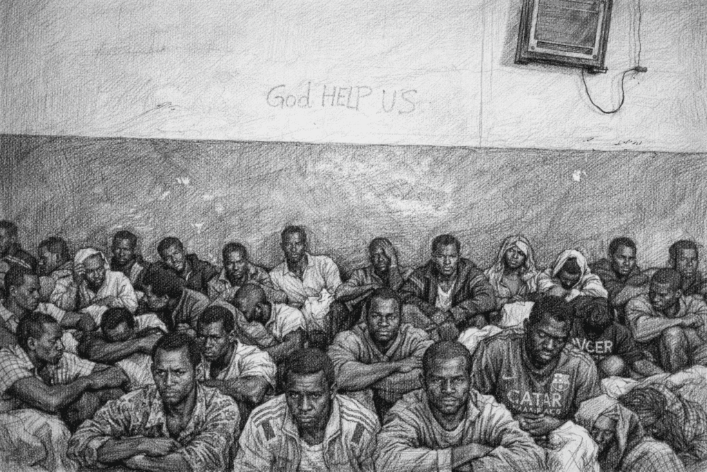 مجموعة مهاجرين محتجزين داخل مركز احتجاز في ليبيا في ظروف إنسانية صعبة