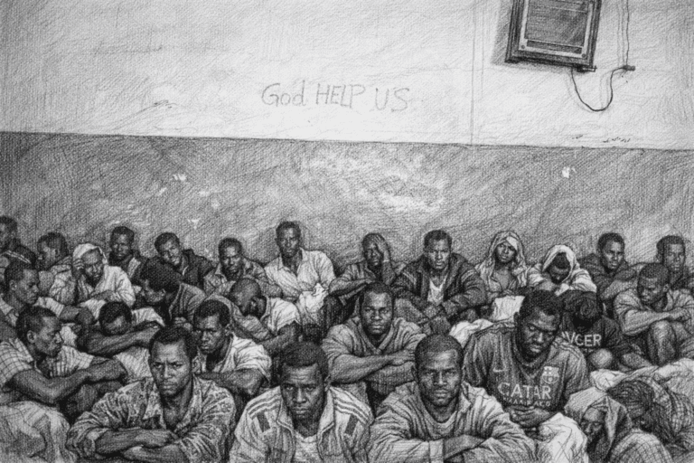 مجموعة مهاجرين محتجزين داخل مركز احتجاز في ليبيا في ظروف إنسانية صعبة