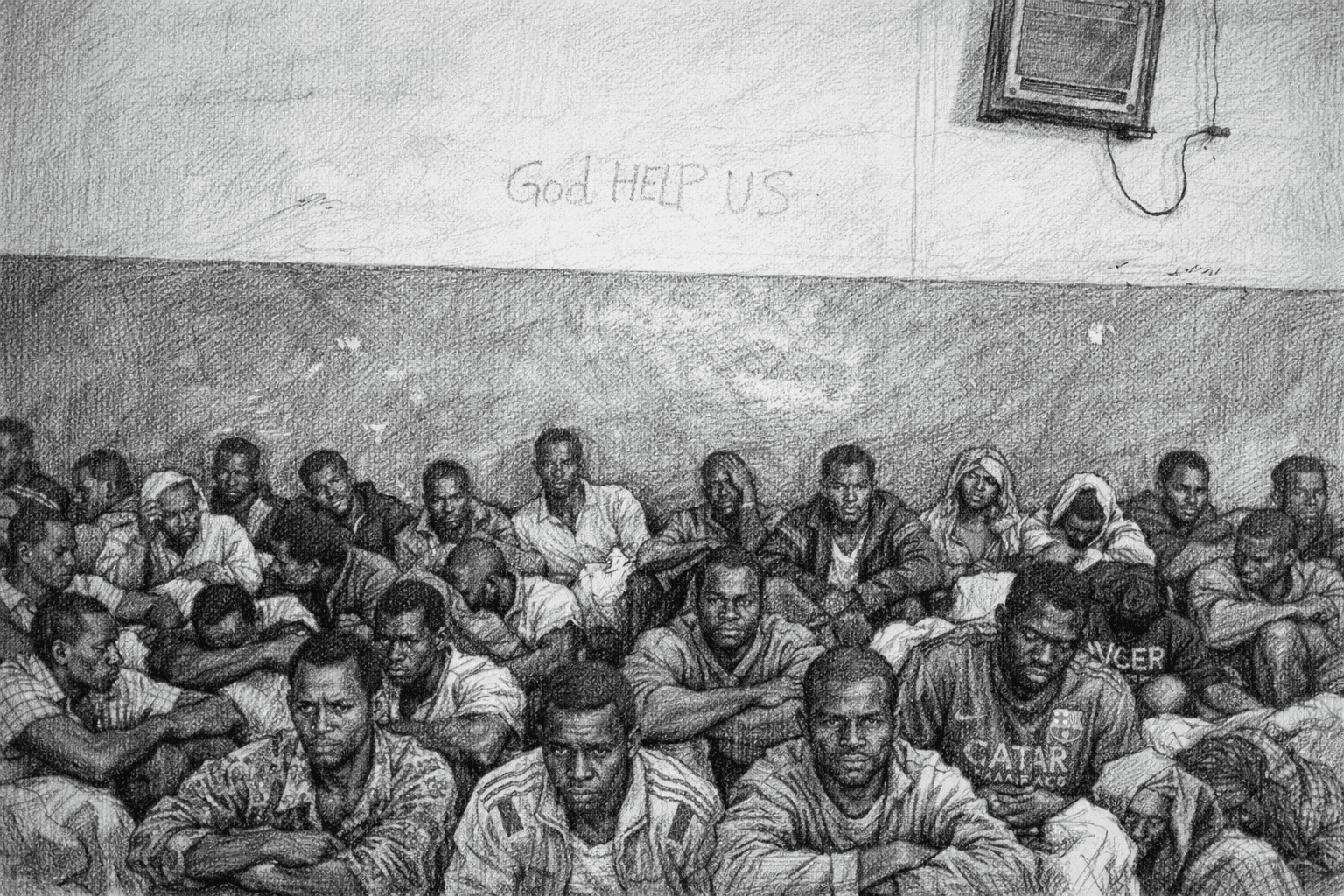 مجموعة مهاجرين محتجزين داخل مركز احتجاز في ليبيا في ظروف إنسانية صعبة