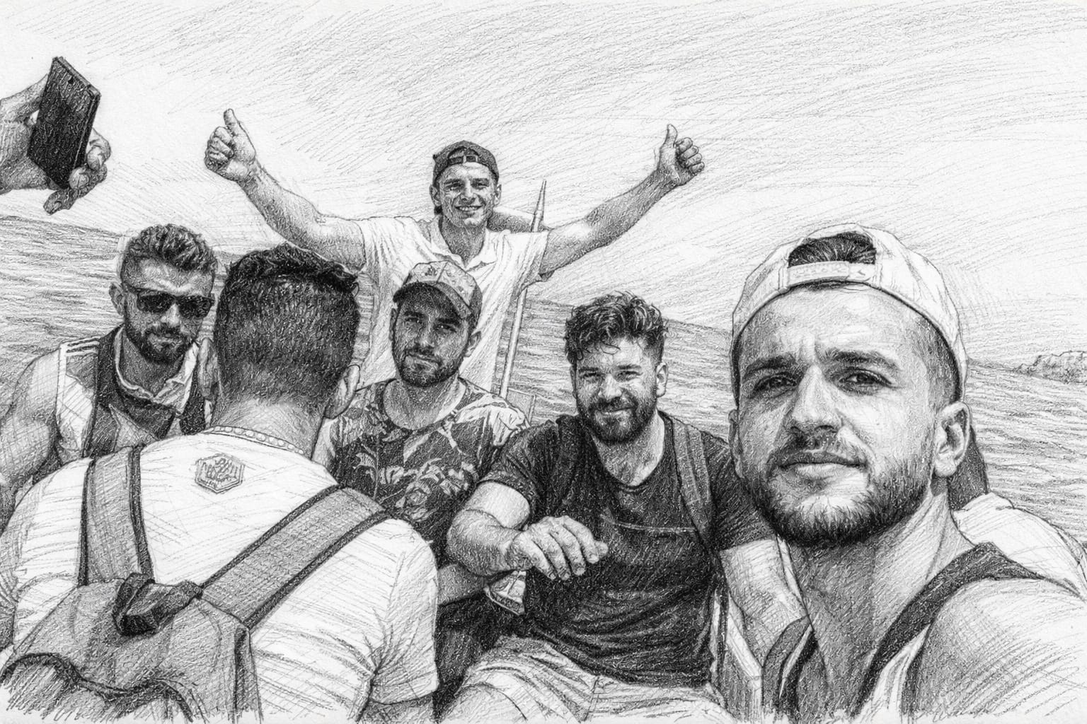 مجموعة من المهاجرين على متن قارب في البحر – رسم بقلم الرصاص يعبّر عن رحلة الهجرة والأمل.