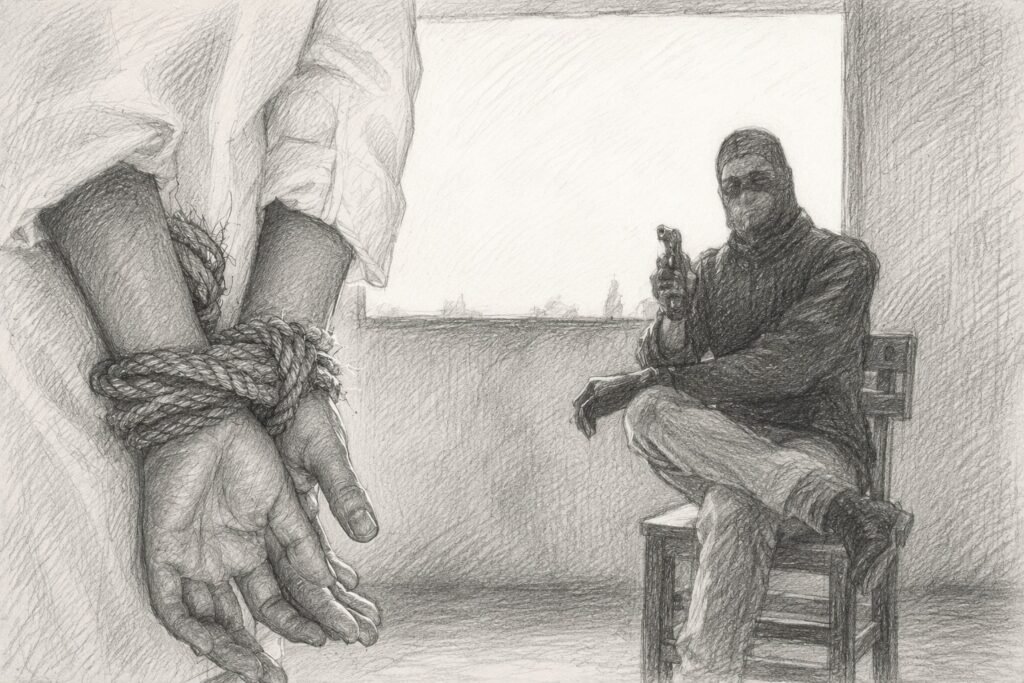 رسم تعبيري يرمز إلى التعذيب وسوء المعاملة وانتهاك الكرامة الإنسانية في ليبيا.