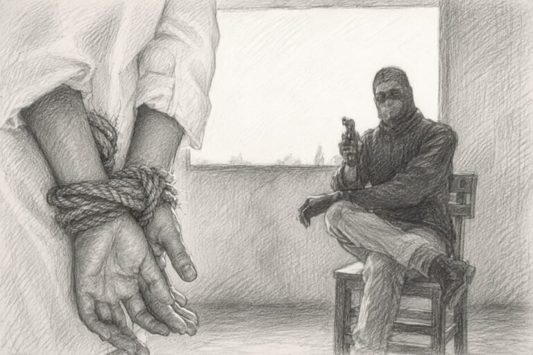 رسم تعبيري يرمز إلى التعذيب وسوء المعاملة وانتهاك الكرامة الإنسانية في ليبيا.