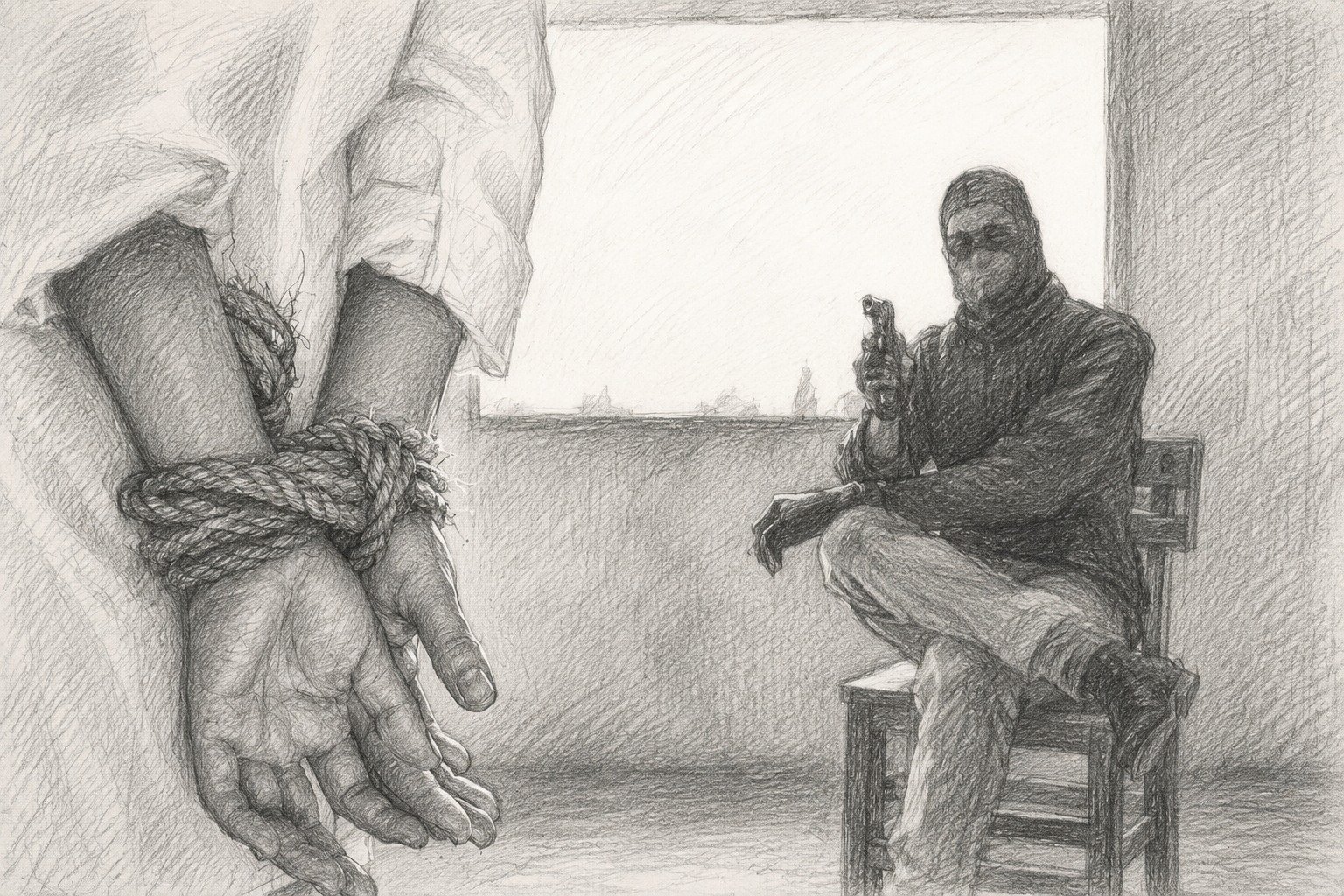 رسم تعبيري يرمز إلى التعذيب وسوء المعاملة وانتهاك الكرامة الإنسانية في ليبيا.